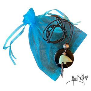 Southwest Bear Fetish w/ Sterling feather on Jet Pendant Adjustable Length NWOT